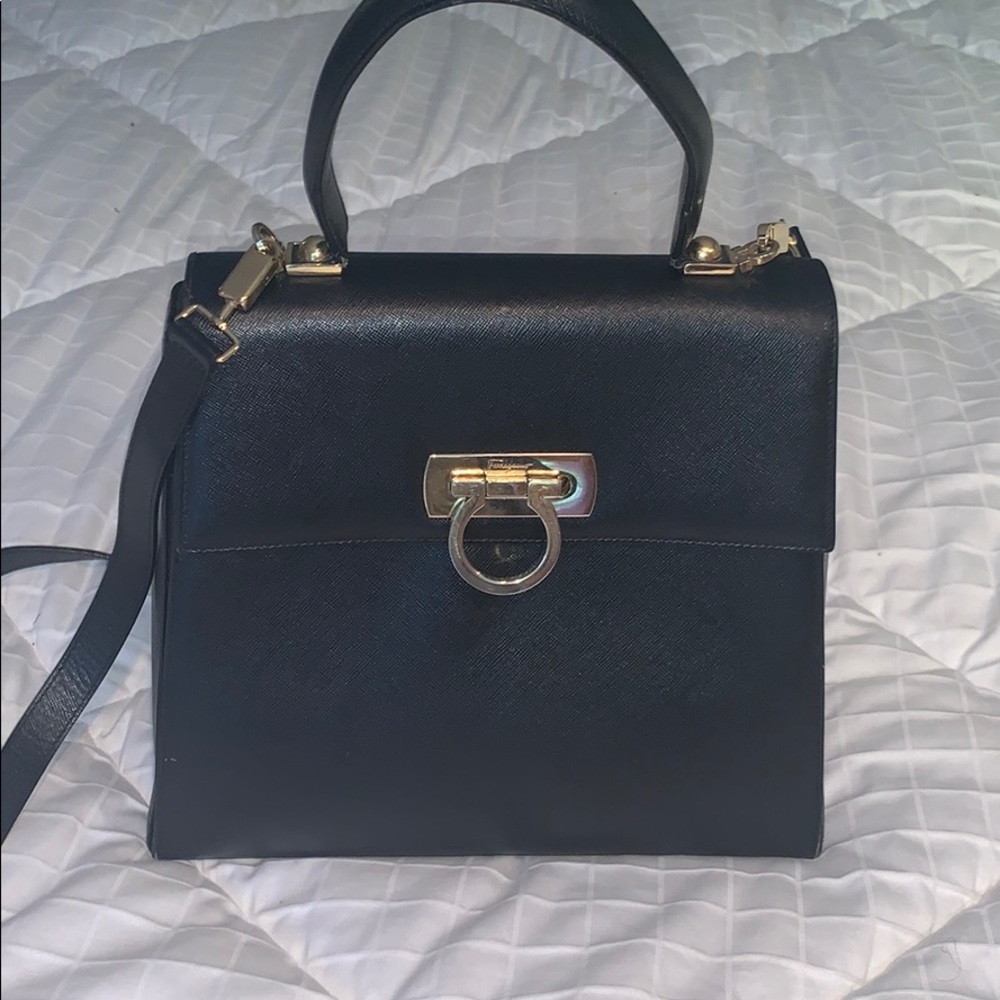 Ferragamo Black Leather Designer Handbag